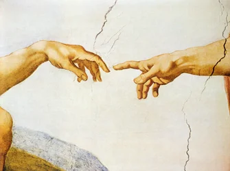 De schepping van Adam, van het plafond van de Sixtijnse Kapel, 1510 (detail)